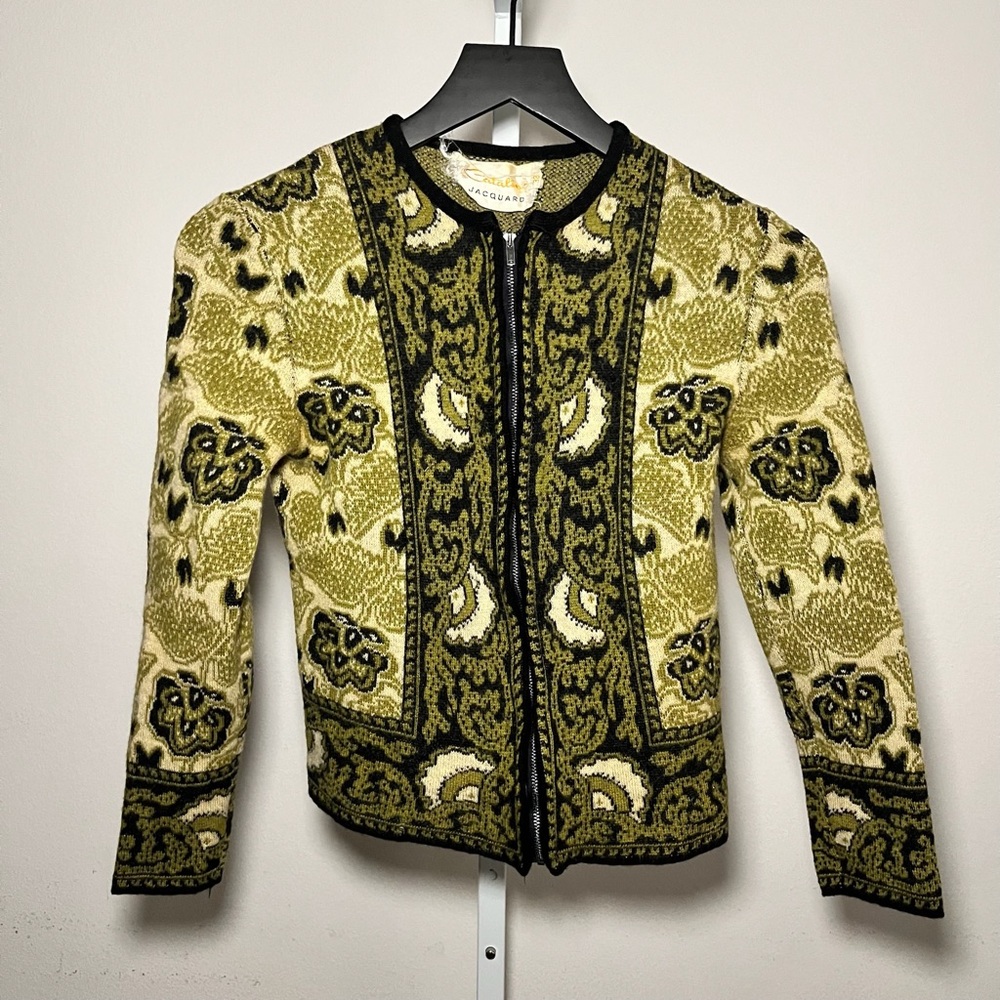 Catalina Jacquard 1960s Vintage 38 Green Knit Talon Zip-Up Mod Statement Jacket